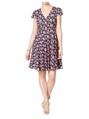 Betsy Johnson Floral V-Neck Fit & Flare Dress - Navy Pink